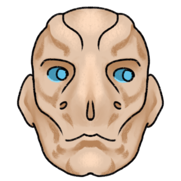  a humanoid alien with light skin, entirely turquoise eyes, and a face with high cheekbones, a large irregular nose, and various protrusions.